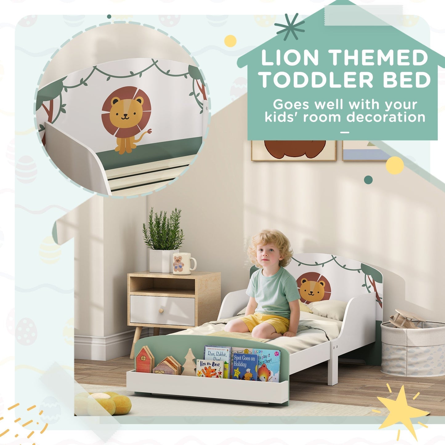 AIYAPLAY Toddler Bed with Storage, Guardrails, Lion Design, for Ages 3-8 Years, Fits 140 x 70cm Mattress, Green