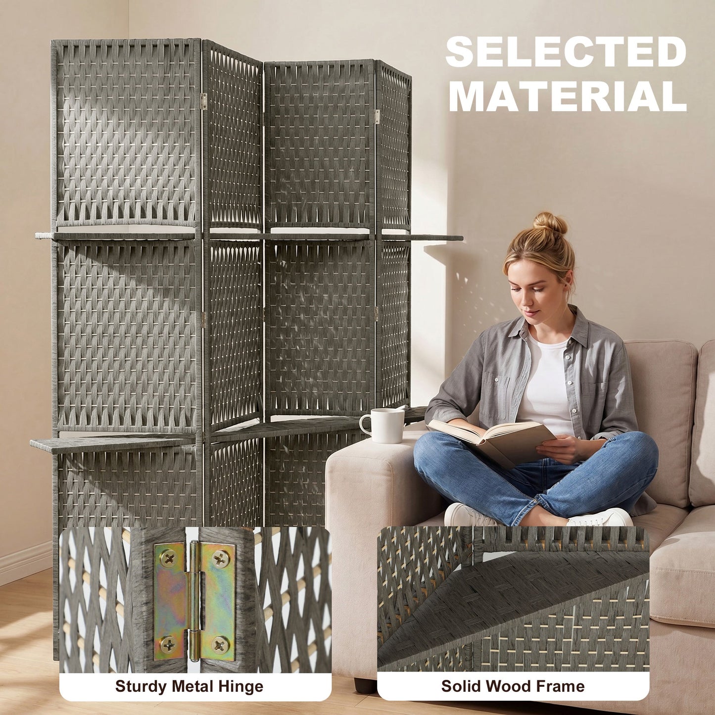 HOMCOM Wave Fibre Freestanding Folding Privacy Screen Panels, Room Divider, Grey
