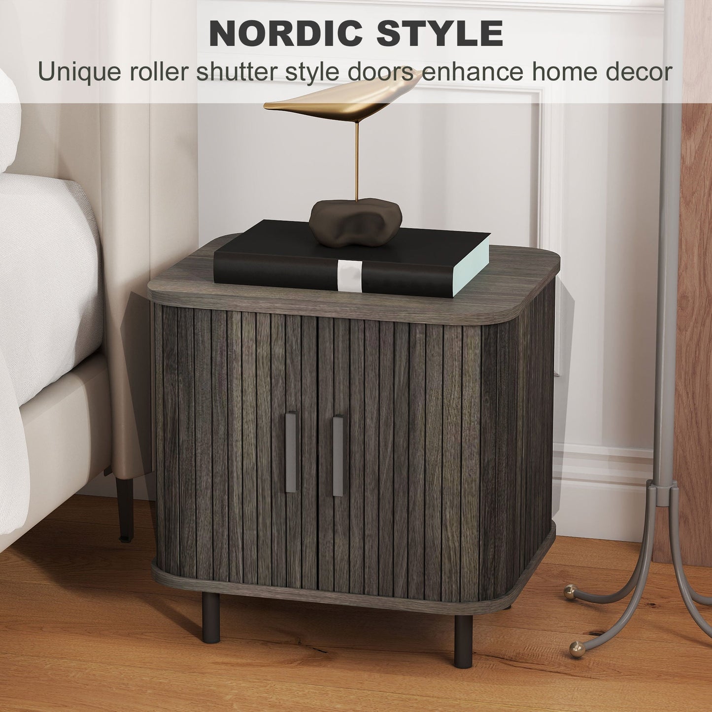 HOMCOM Nightstand with Sliding Doors and Metal Legs Grey