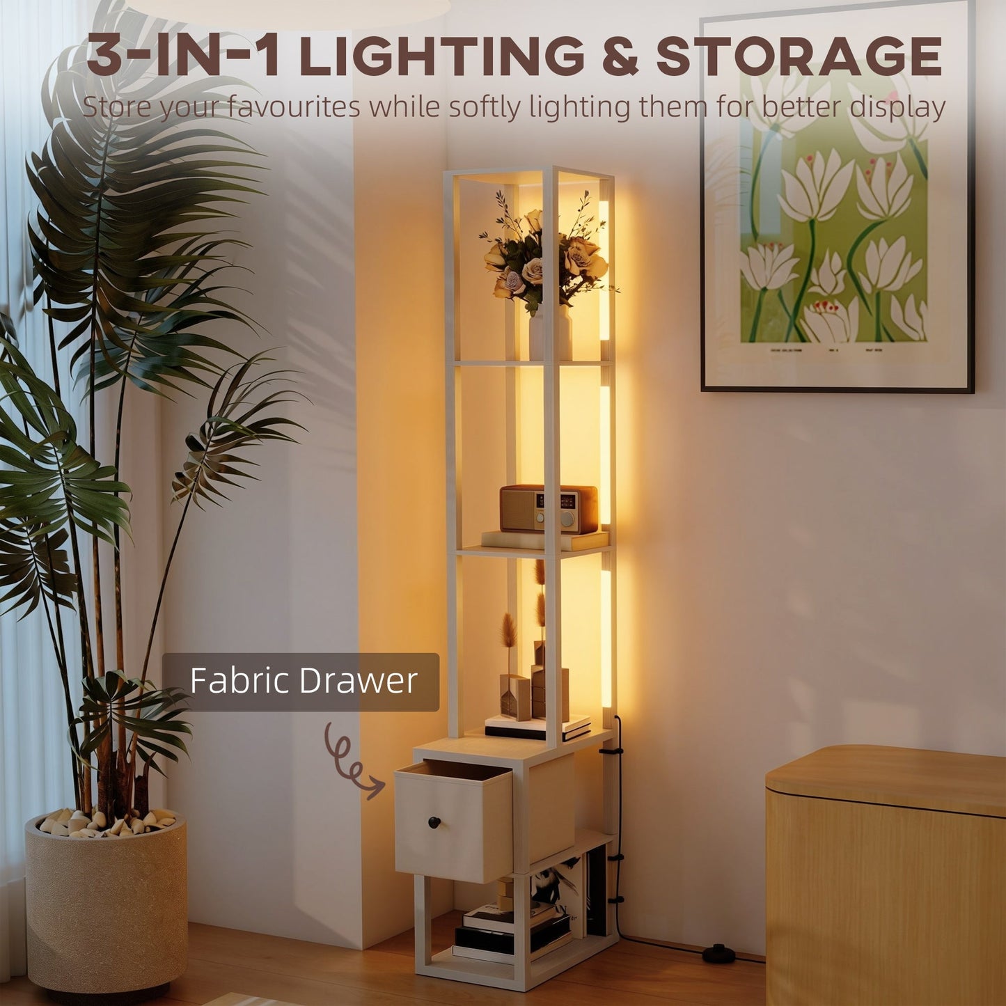 HOMCOM Floor Lamp with Shelves, LED Column Modern Standing Lamp with Fabric Drawer, Adjustable Brightness, Foot Switch for Living Room, Bedroom, Office, Oak