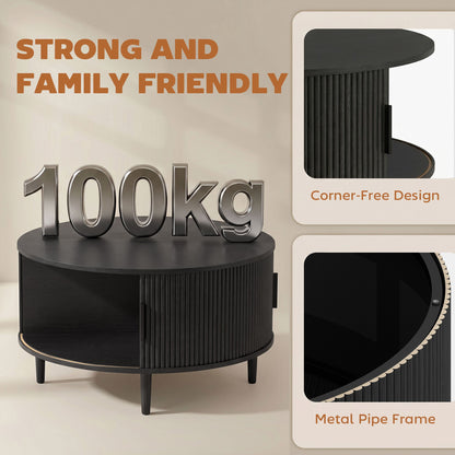 HOMCOM Coffee Table with Lift Top and Hidden Storage, Round Centre Table with Fluted Sliding Door, 80 cm, Black Wood Effect