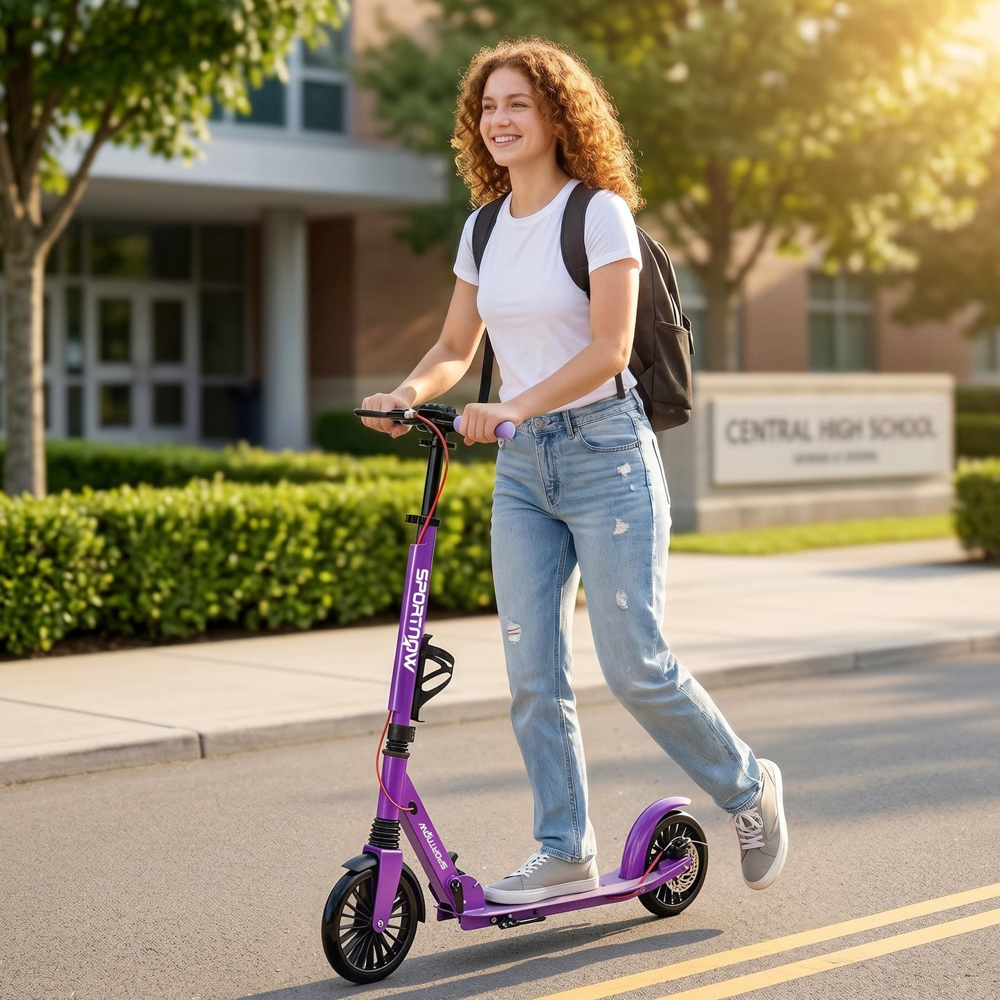 SPORTNOW Foldable Kick Scooter with Height Adjustable Handlebar, One-click Folding Adult Scooters with 200 mm Big Wheels, Purple
