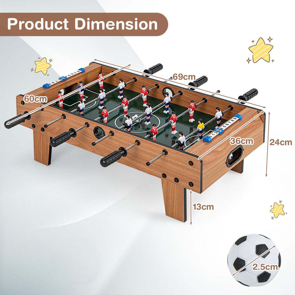 A diagram showing the dimensions of the football table with a football
