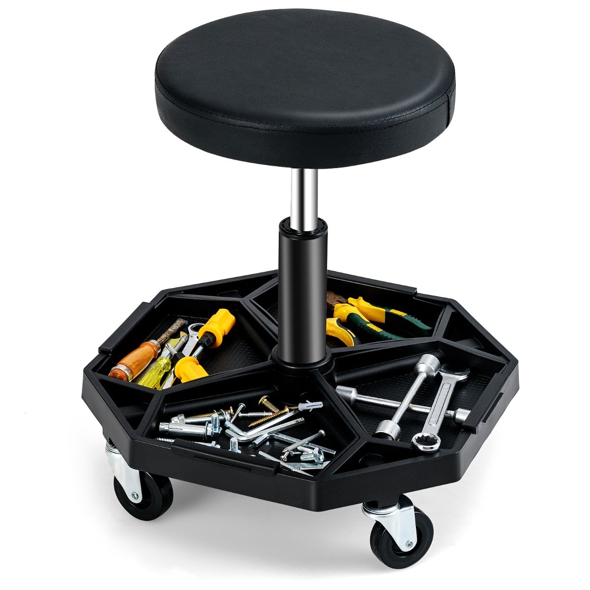 Garage Workshop Creeper Seat with Padded Seat and Tool Tray-Black