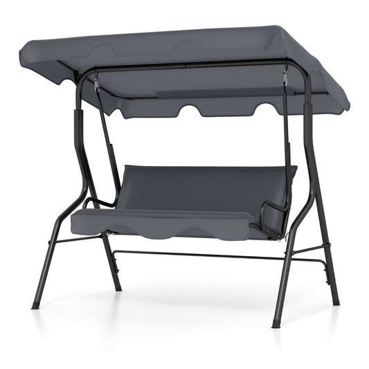 Garden Patio Metal Swing 3 Seater Lounger-Grey, a three-seater swing with a grey canopy and cushions