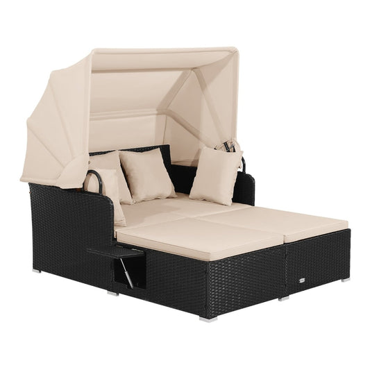 Garden Rattan Daybed with Retractable Canopy and Cushions on a plain white background
