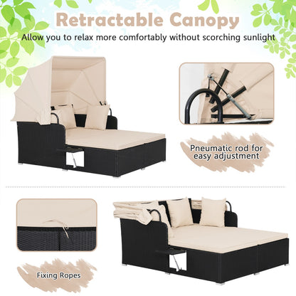Garden Rattan Daybed with Retractable Canopy and Cushions-Beige