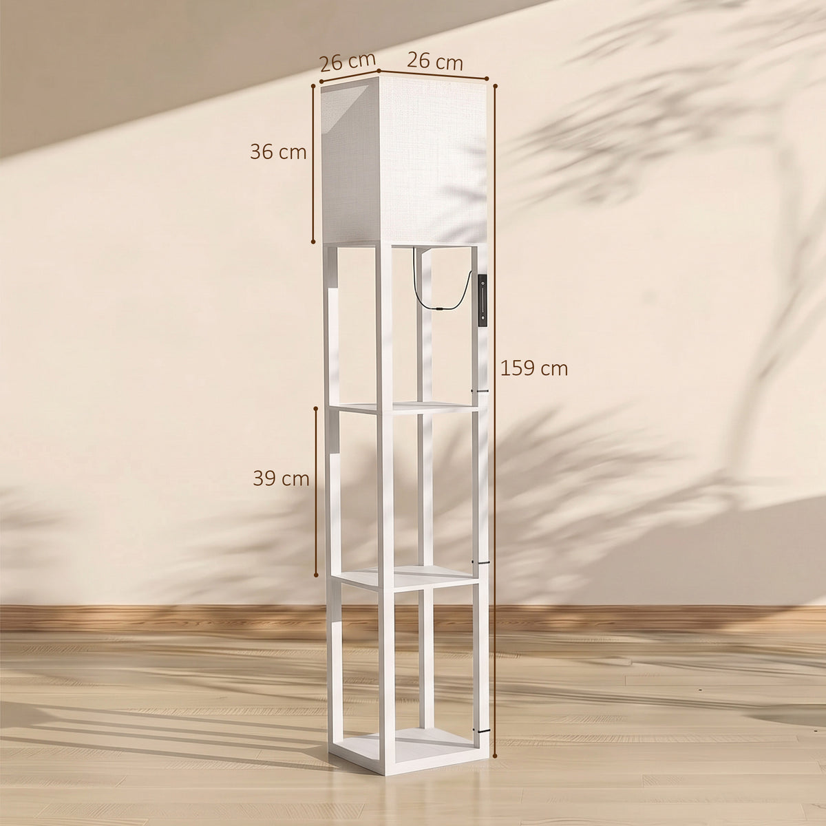 HOMCOM Floor Lamp with Shelves, Modern Dimmable Standing Lamp with Fabric Lampshade, Adjustable Colour Temperature, White