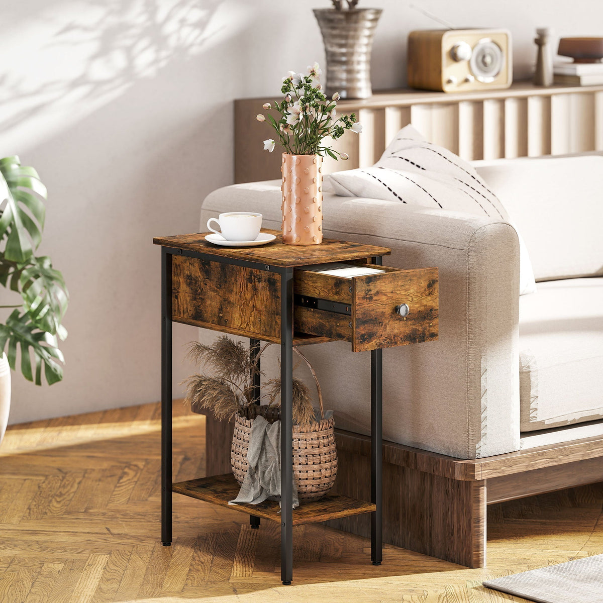HOMCOM Narrow Side Table with Drawer and Storage Shelf - Rustic Brown