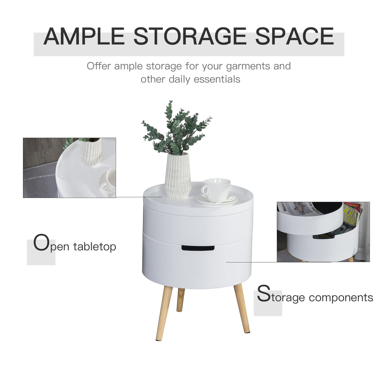 Close up of the white round side table showing storage