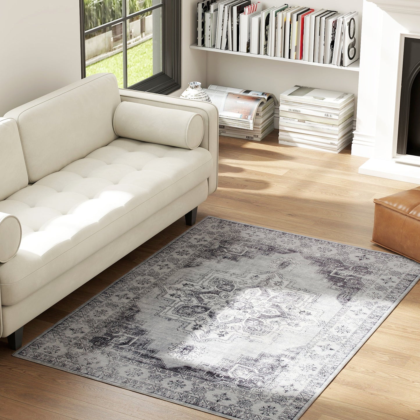HOMCOM Vintage Area Rug, Non-Slip Washable Rug, Flannel Floor Carpet for Living Room, Bedroom, Dining Room, Home Office, 170 x 120 cm, Grey