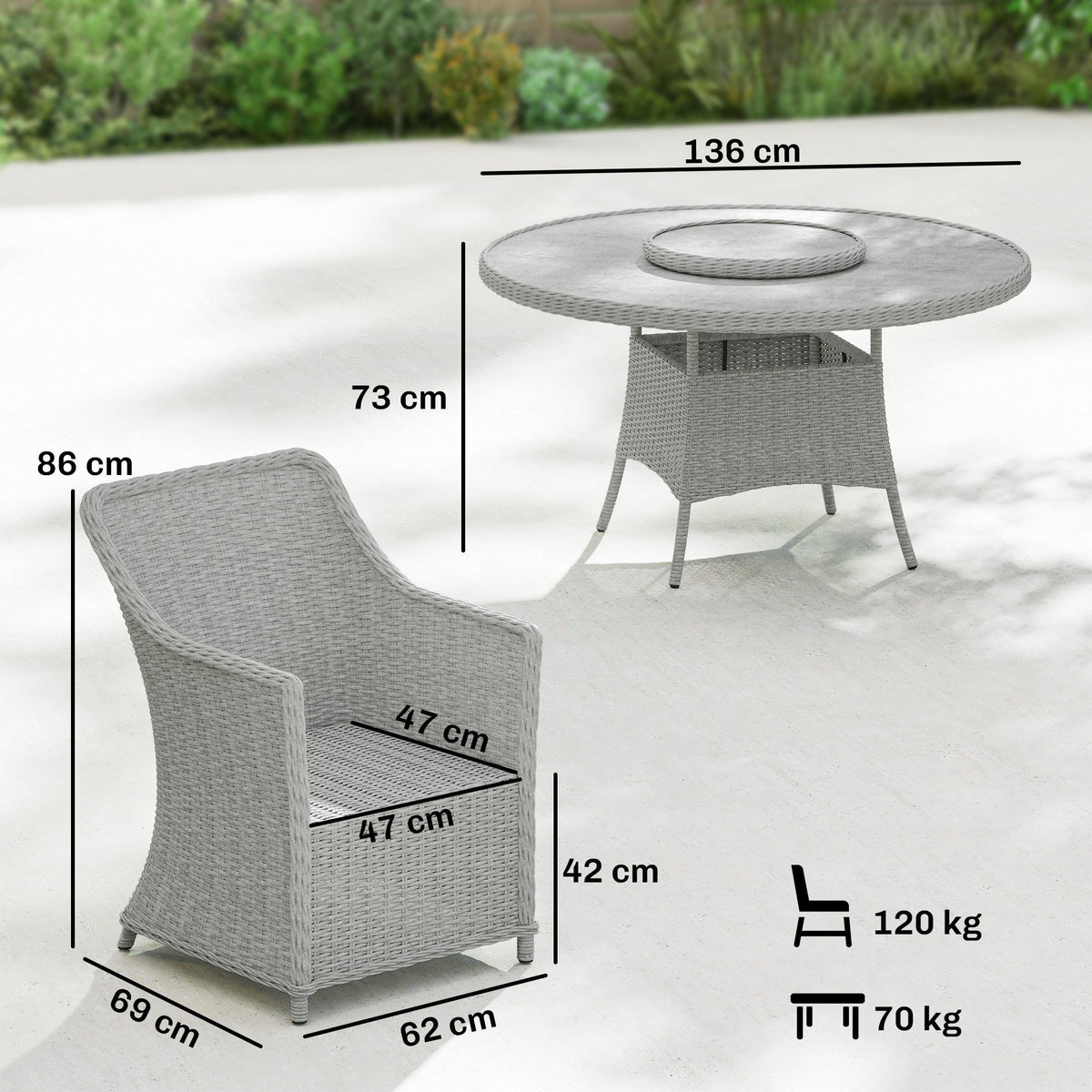 طقم أثاث طعام للحديقة من الأوتسانتي من الراتان مع ترابيزة دوارة (Lazy Susan)، طاولة طعام دائرية للحديقة من الزجاج بتأثير الرخام وكراسي بإطار من الألومنيوم، رمادي