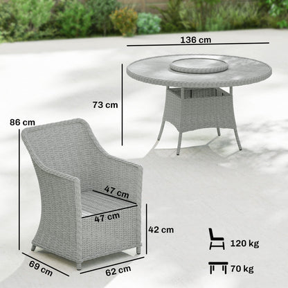 طقم أثاث طعام للحديقة من الأوتسانتي من الراتان مع ترابيزة دوارة (Lazy Susan)، طاولة طعام دائرية للحديقة من الزجاج بتأثير الرخام وكراسي بإطار من الألومنيوم، رمادي