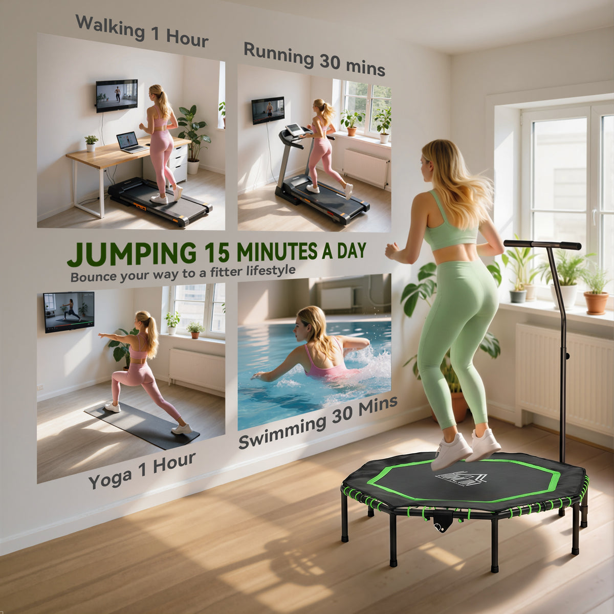 HOMCOM 48" Octagonal Mini Fitness Rebounder Trampoline in Green