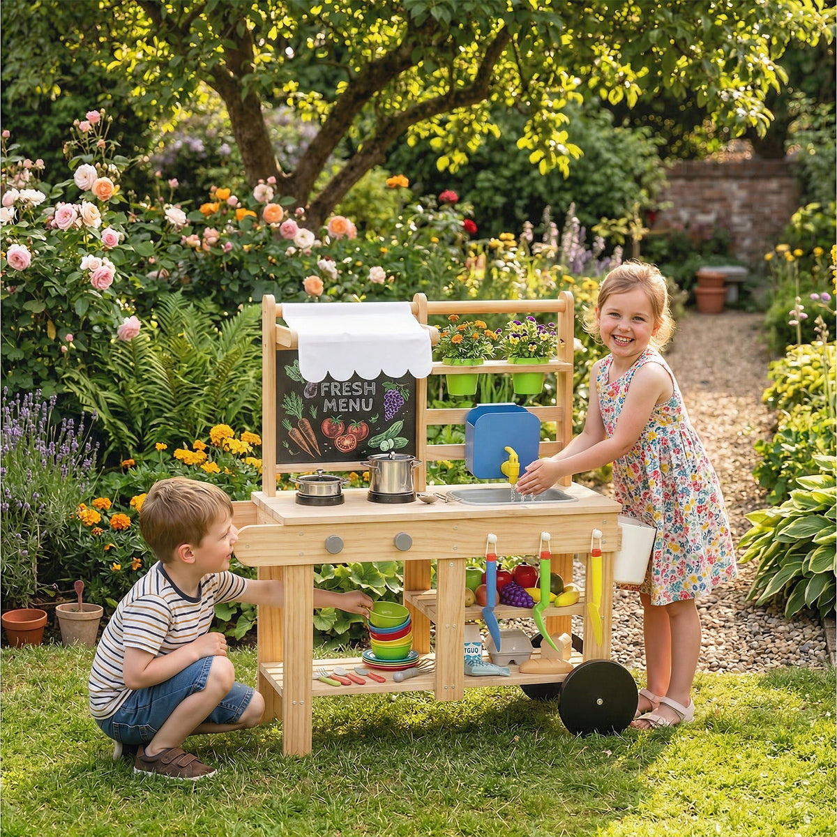 AIYAPLAY Mud Kitchen with Real Water Faucet Pretend Play Kitchen Playset with Sink and Storage Natural Wood