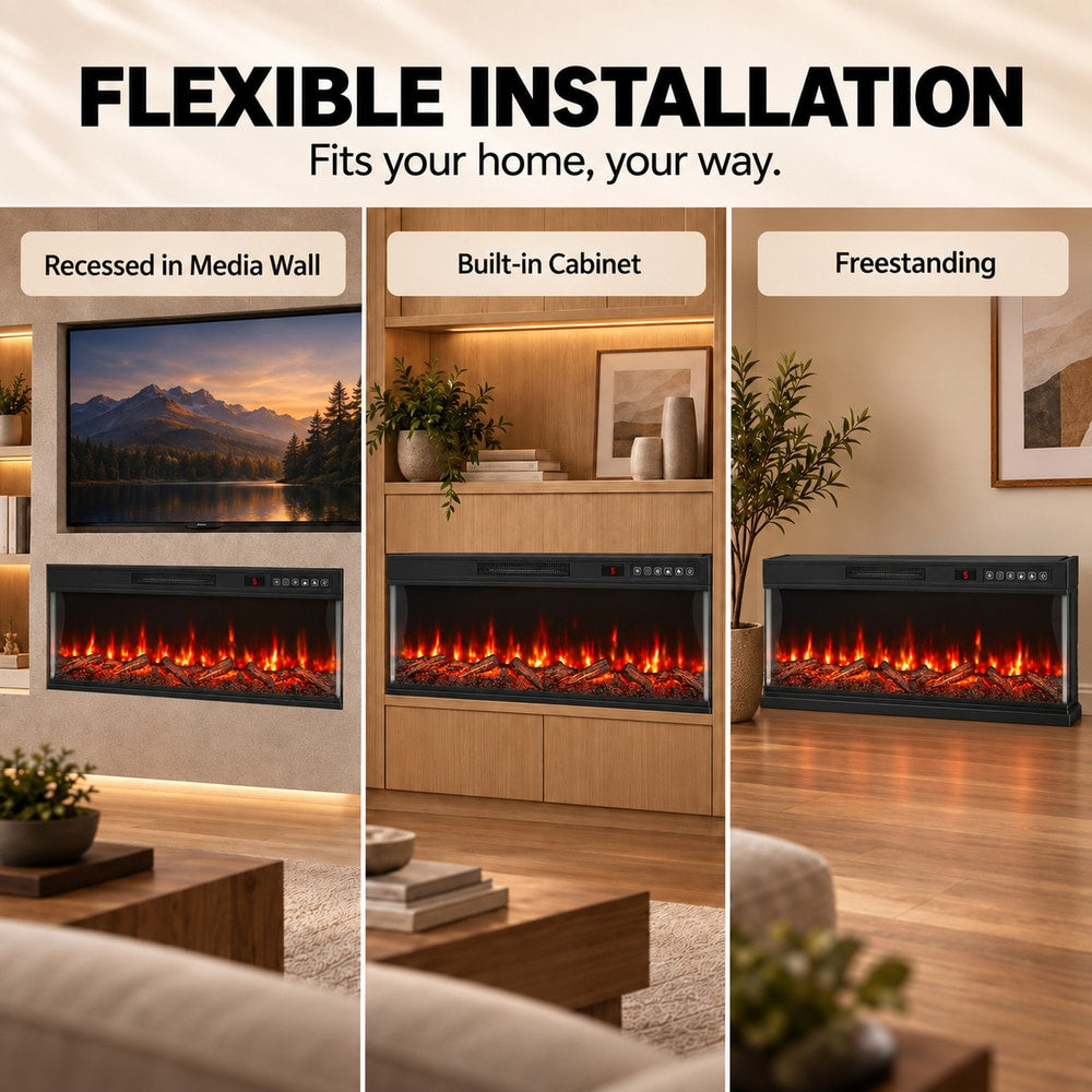 HOMCOM 50" Electric Fireplace Insert, 3-Sided Freestanding/Wall Recessed Electric Fire Heater with Adjustable Flame, 1800W