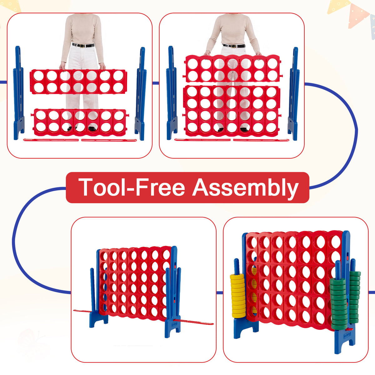 Tool-free assembly steps for the giant four-in-a-row game