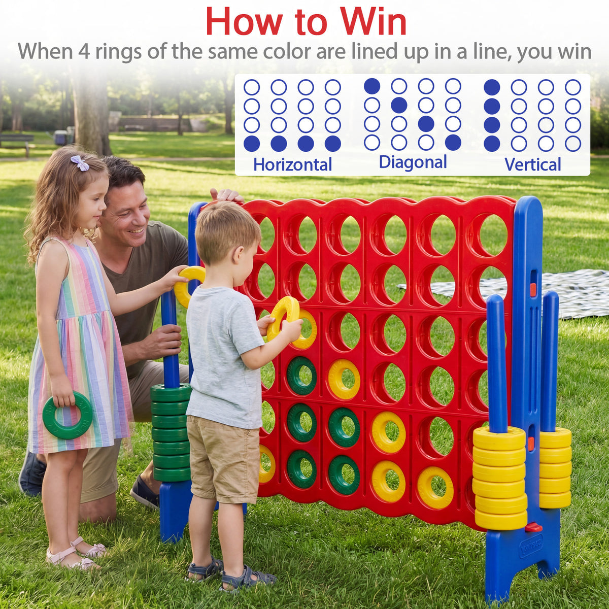 How to win diagram for the giant four-in-a-row game