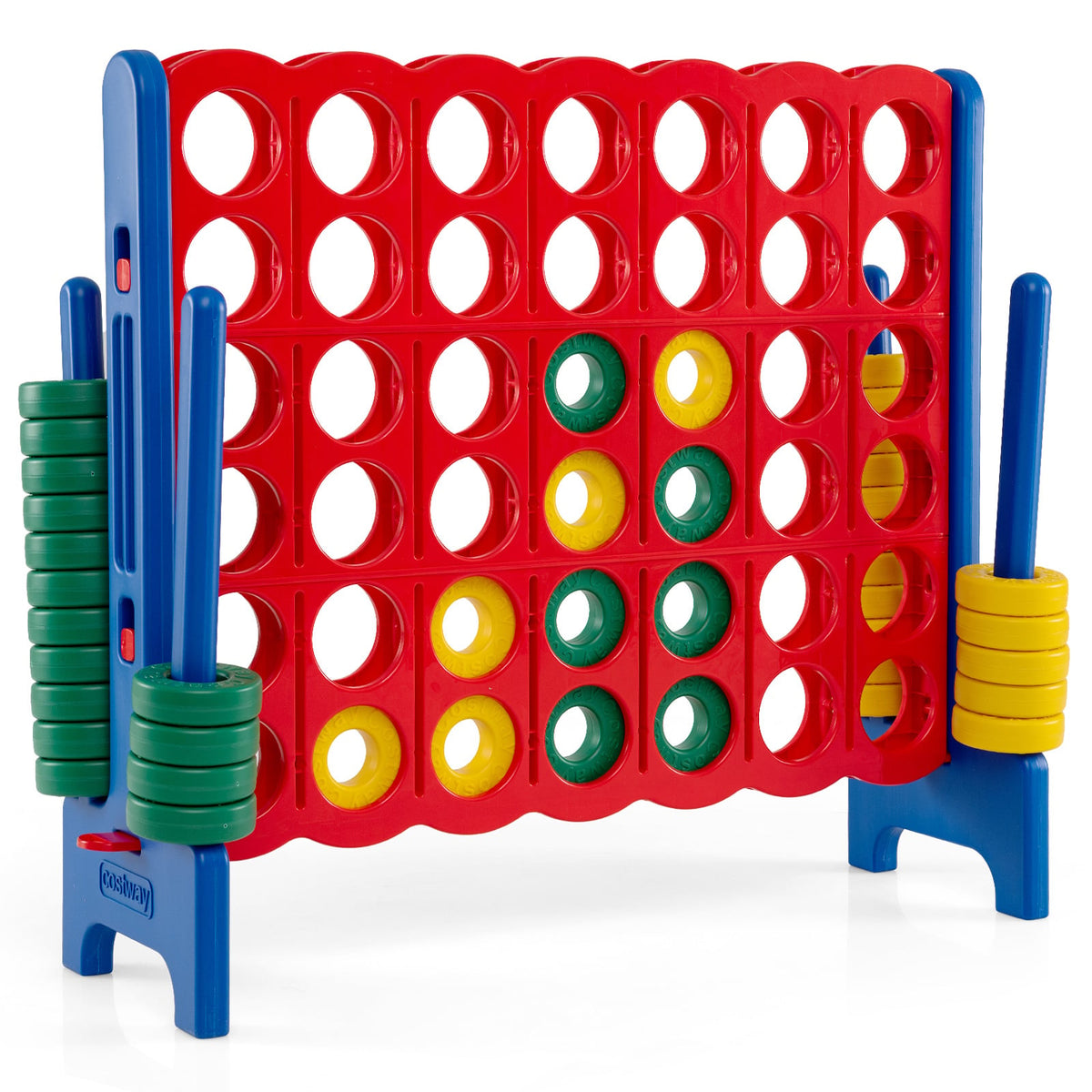 Giant 4-in-a-Row Game Set standing upright on a patio with red, yellow and green rings