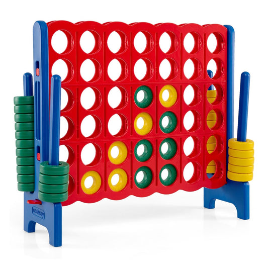 Giant 4-in-a-Row Game Set standing upright on a patio with red, yellow and green rings