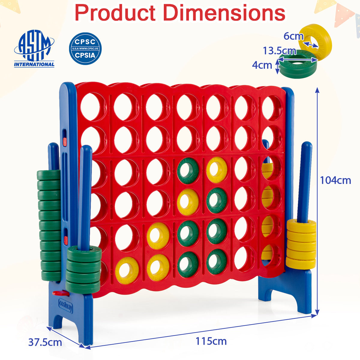 Giant four-in-a-row game set with dimensions shown
