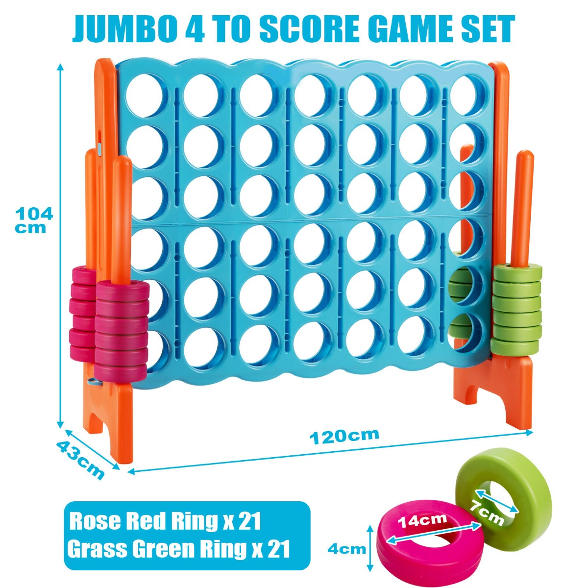 The giant four in a row lawn game with dimensions and ring counts shown