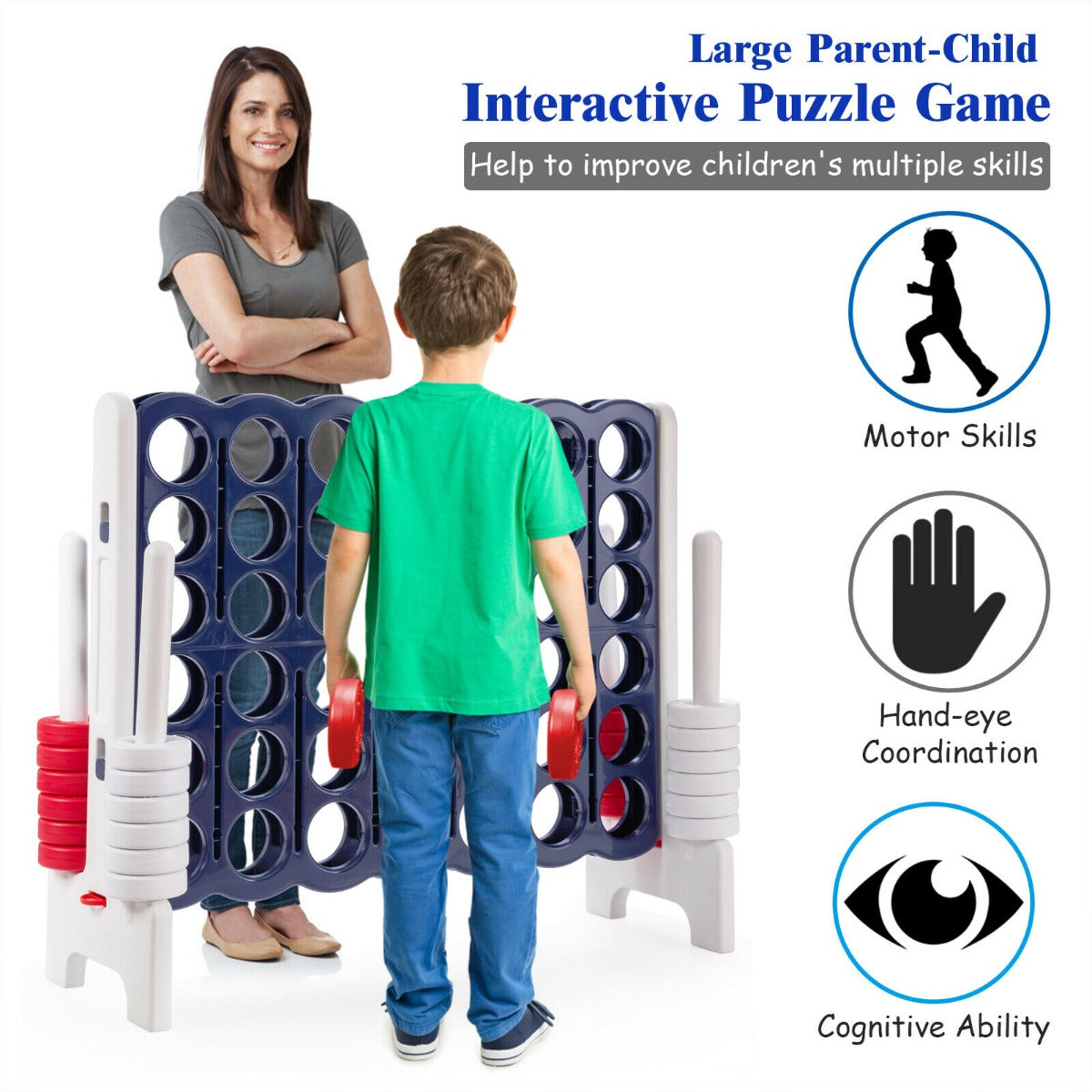 The lawn game shown with a woman and boy alongside icons representing motor and cognitive skills