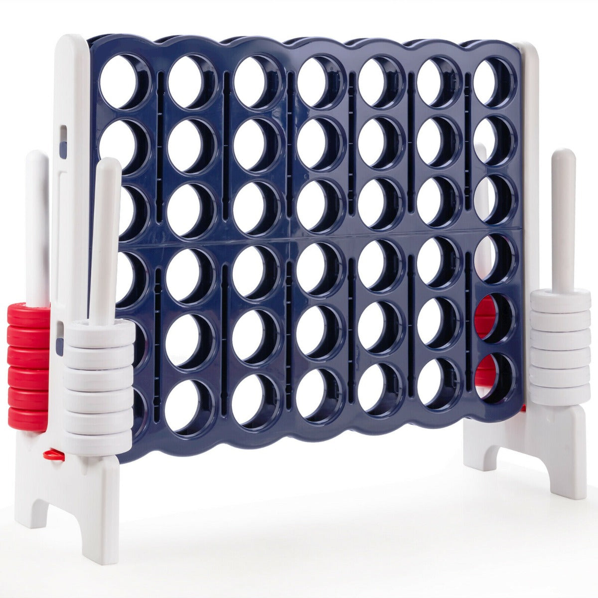 Giant 4 in A Row Game Set with a dark blue frame and white legs holding red and white rings