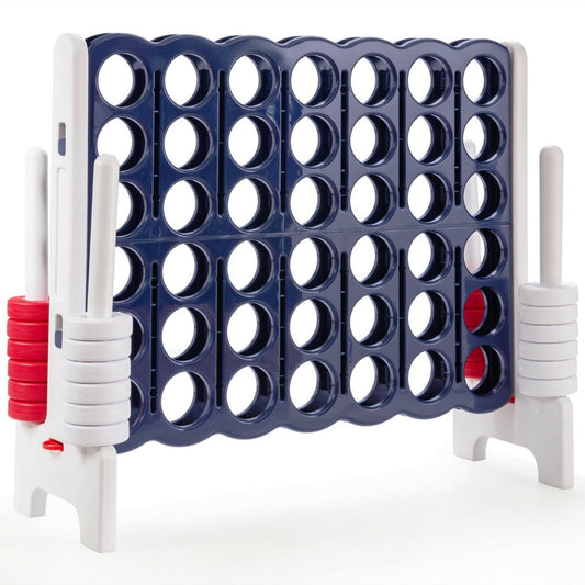 Giant 4 in A Row Game Set with a dark blue frame and white legs holding red and white rings