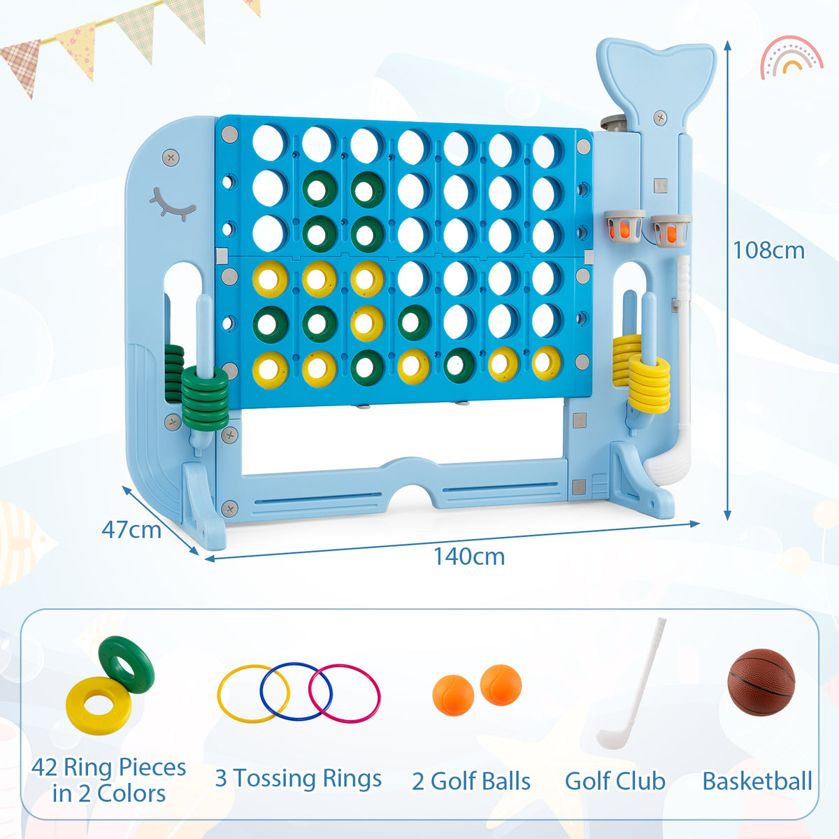 The lawn games connect four set with dimensions and included accessories