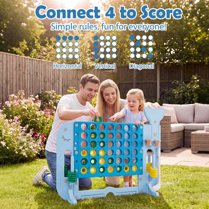 A family playing the giant connect four game in a garden setting