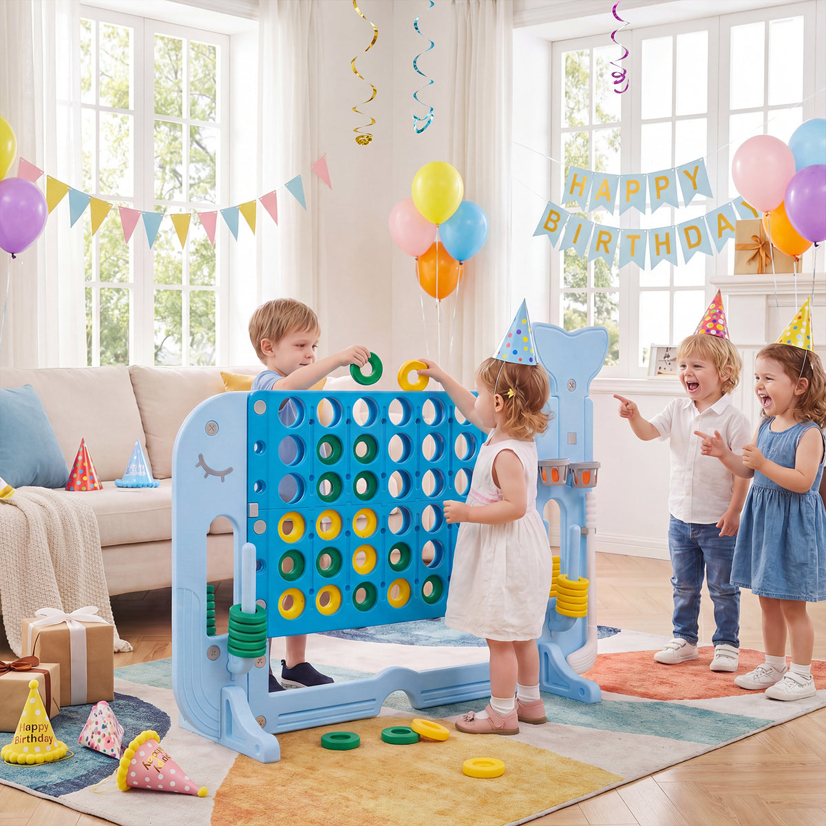 Children playing the giant connect four game at a birthday party indoors