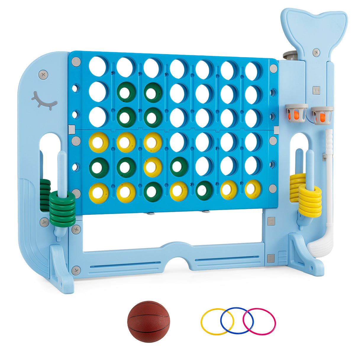 Giant 4-to-Score Game Set Jumbo Connect Four Game with blue frame, basketball hoop and ring toss