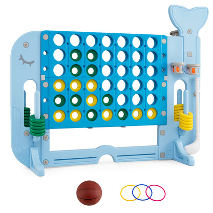 Giant 4-to-Score Game Set Jumbo Connect Four Game with blue frame, basketball hoop and ring toss