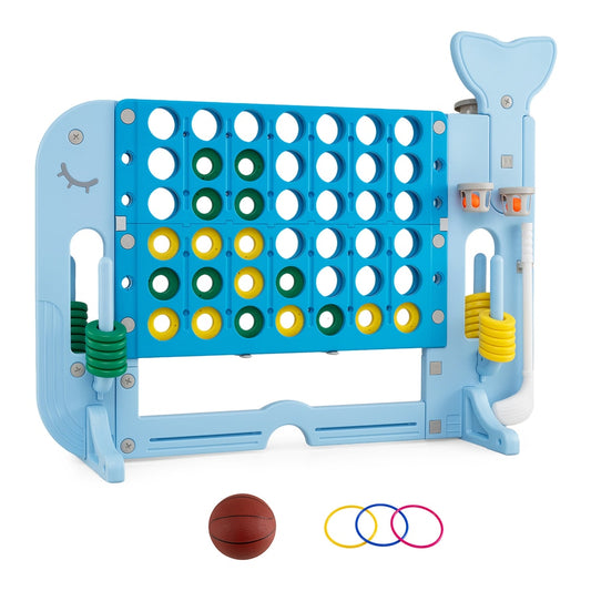 Giant 4-to-Score Game Set Jumbo Connect Four Game with blue frame, basketball hoop and ring toss