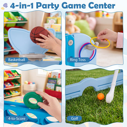 Four different games: basketball, ring toss, connect four, and golf