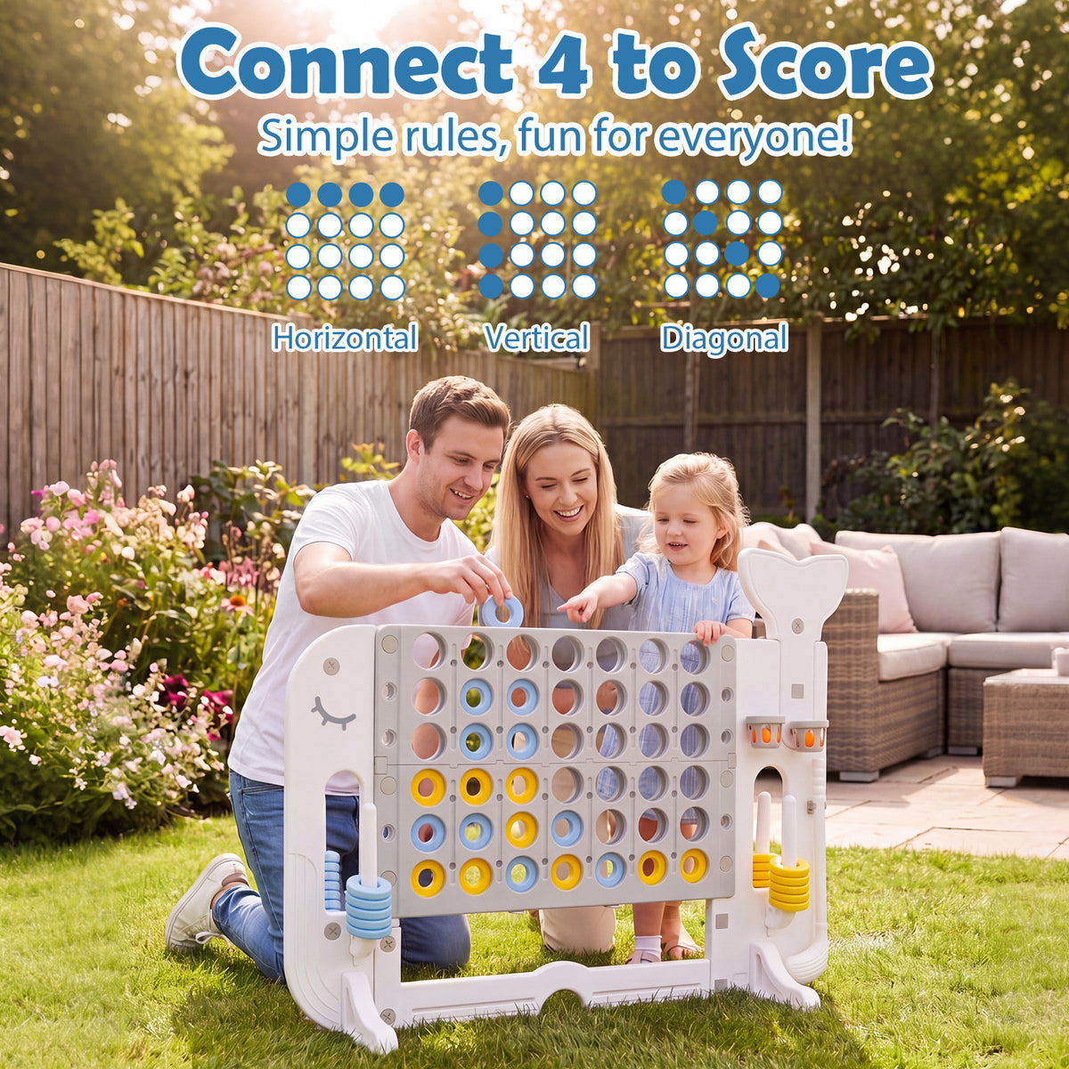 Family playing the giant connect four game in the garden