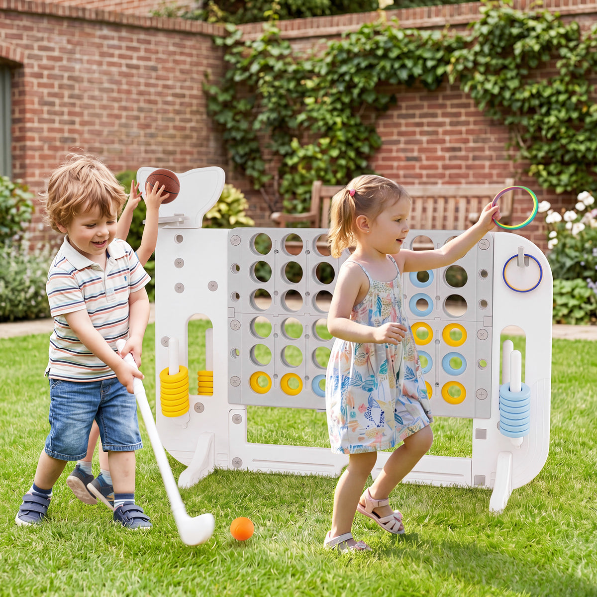 Children playing the lawn games set in a garden