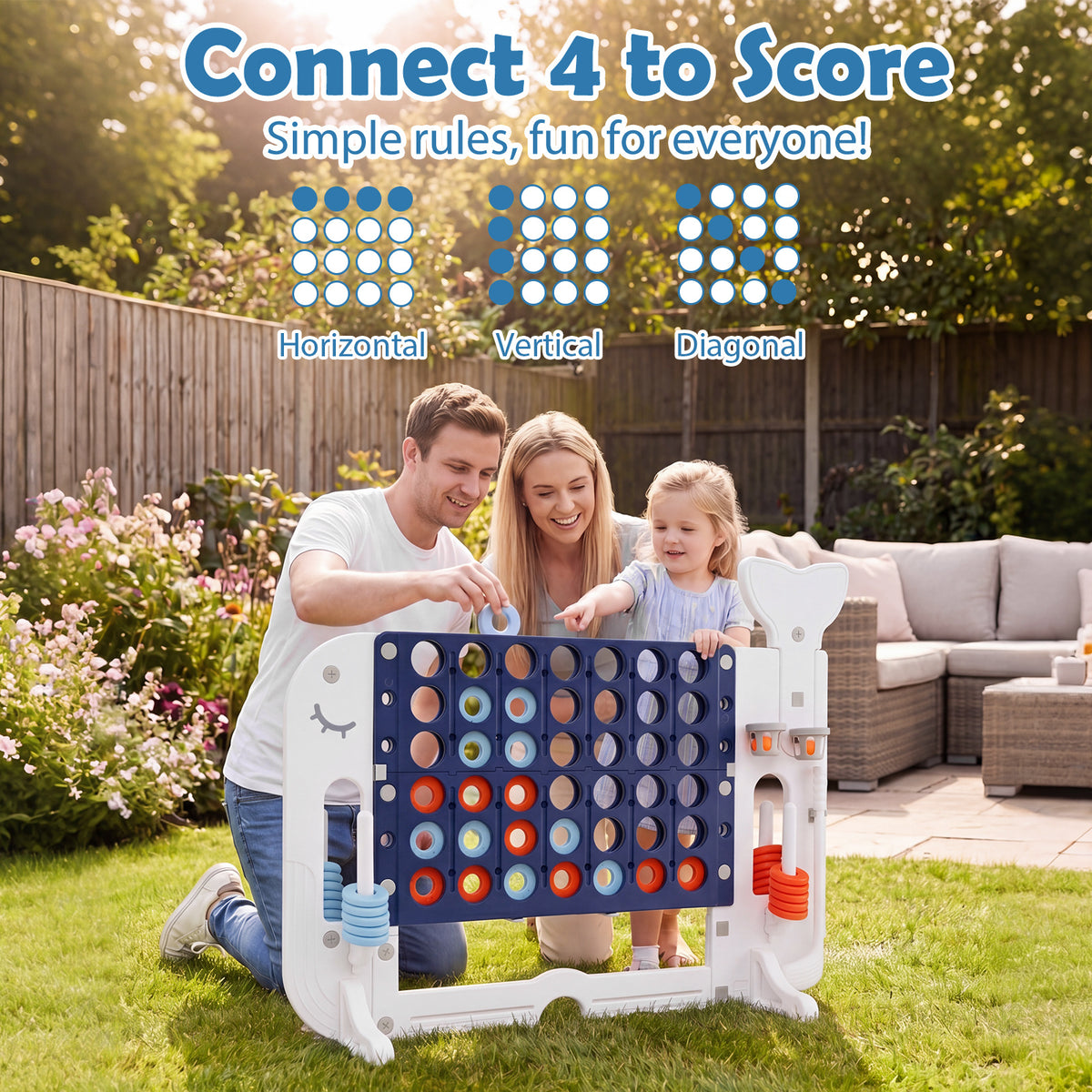 Family playing the giant connect four game on the grass