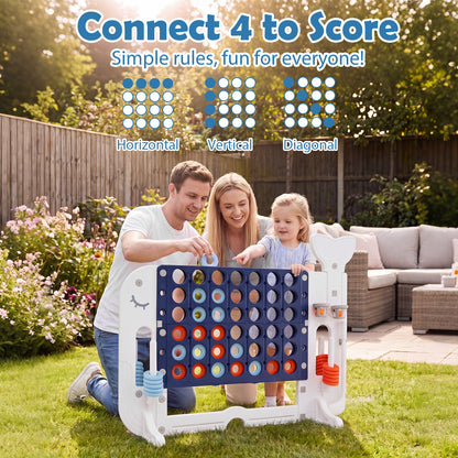 Family playing the giant connect four game on the grass