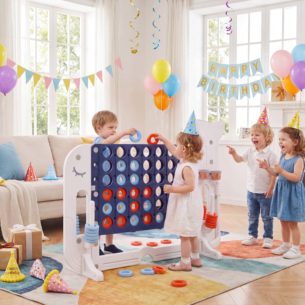 Kids playing the indoor games set in a decorated room with balloons