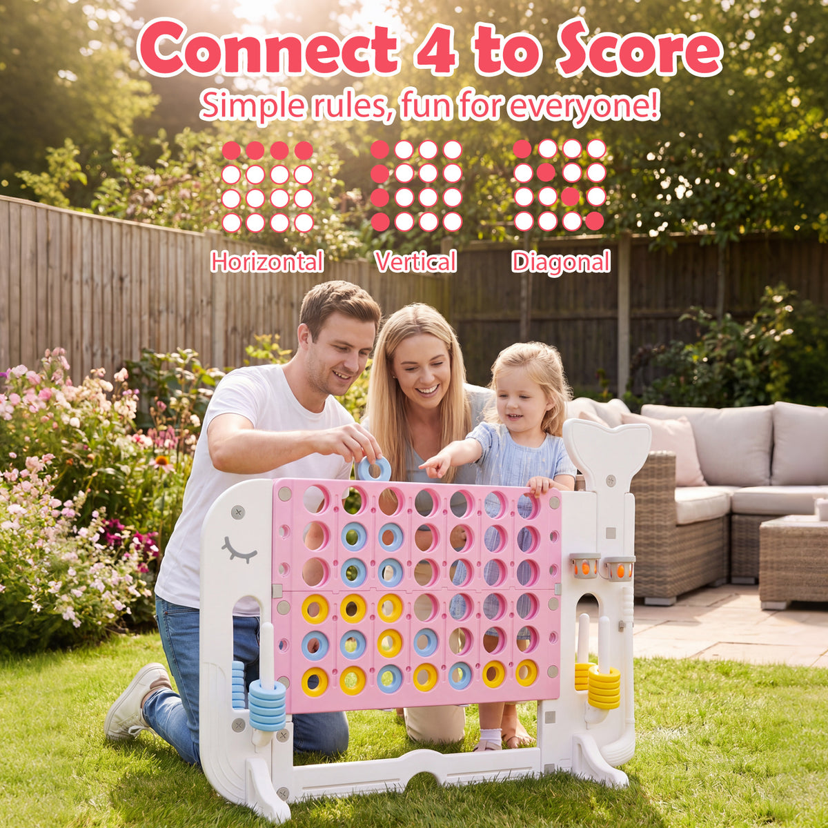 The lawn games set being used by a family outdoors with text explaining the game rules