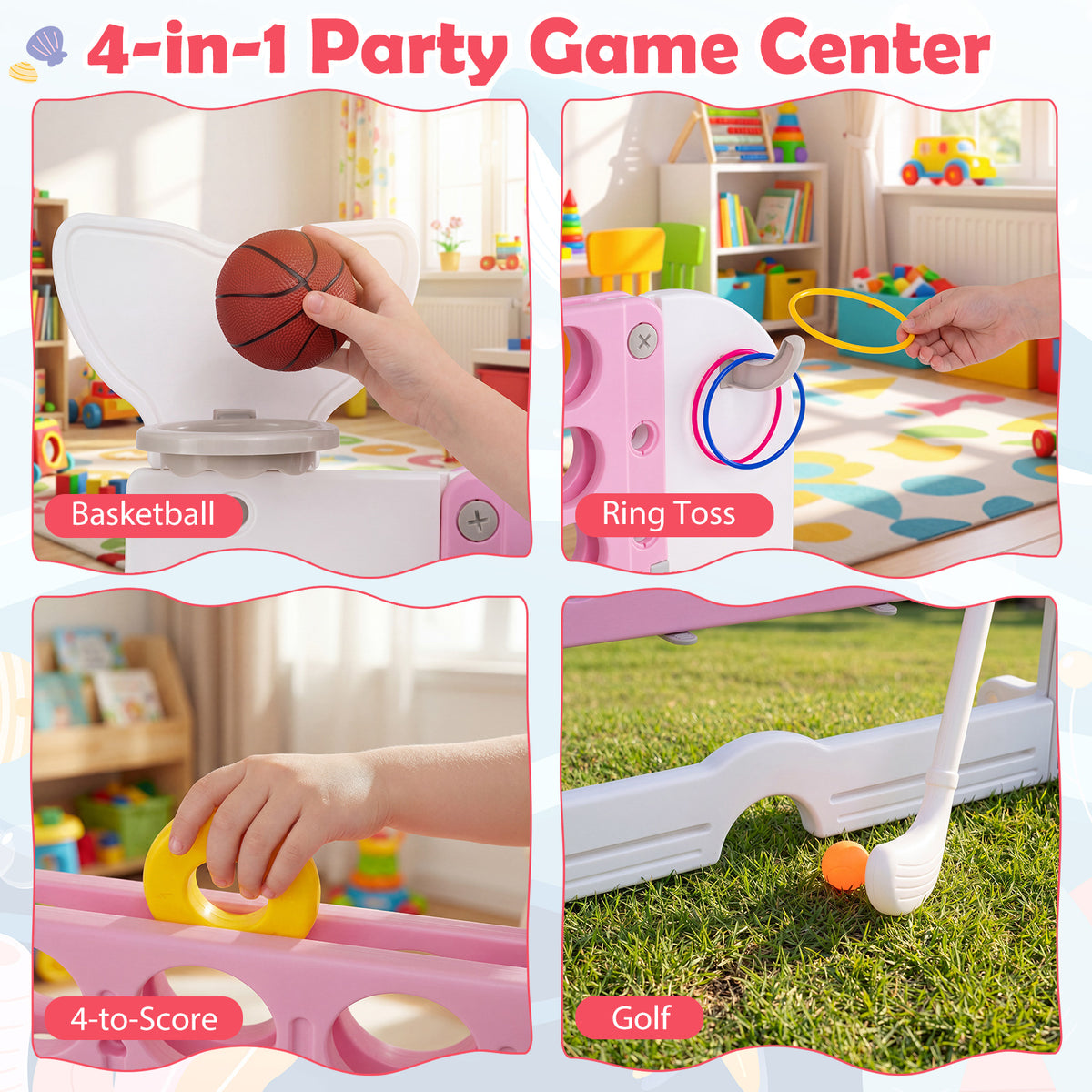The lawn games set showing four different activities including basketball and golf