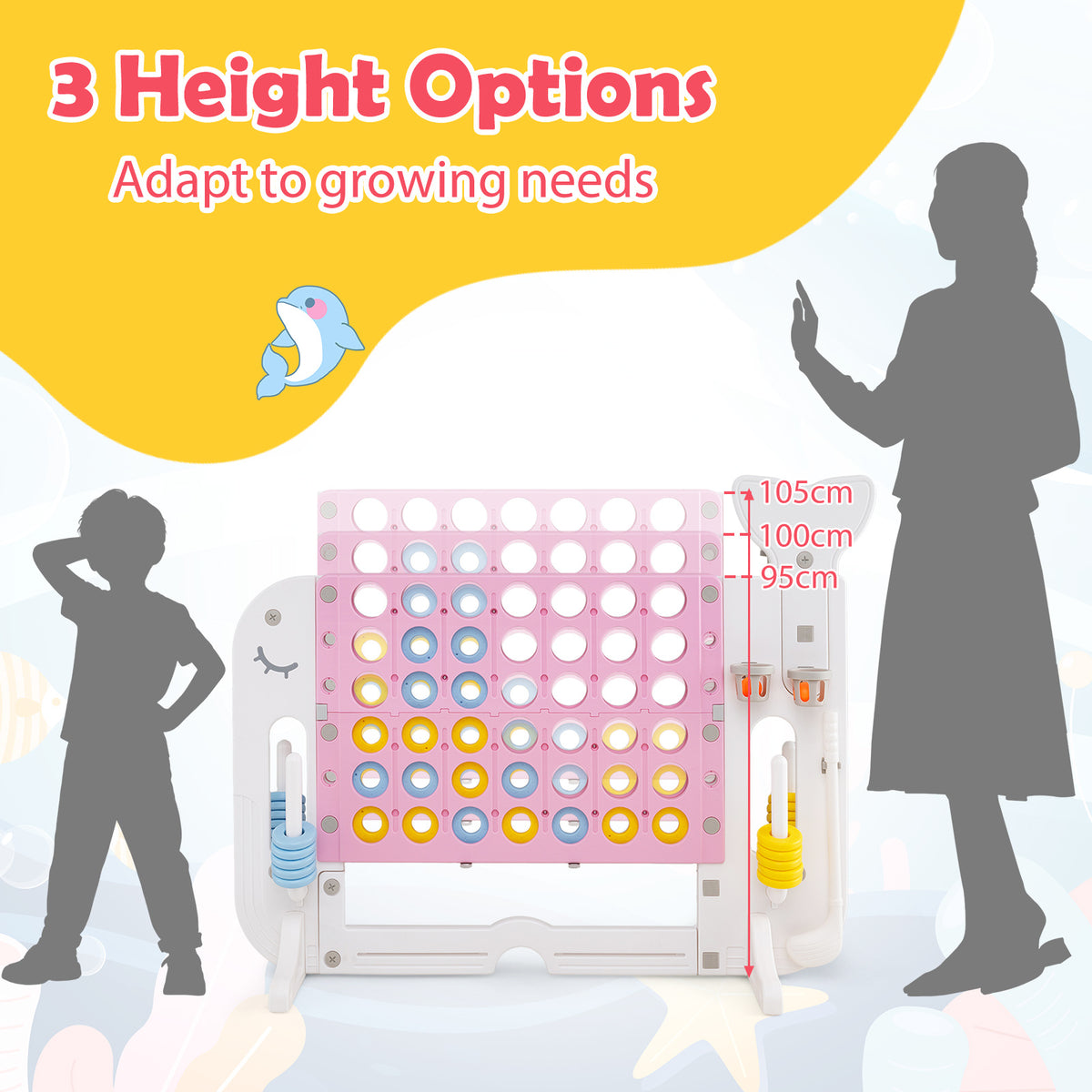 The lawn games set showing three different height options for children of various ages
