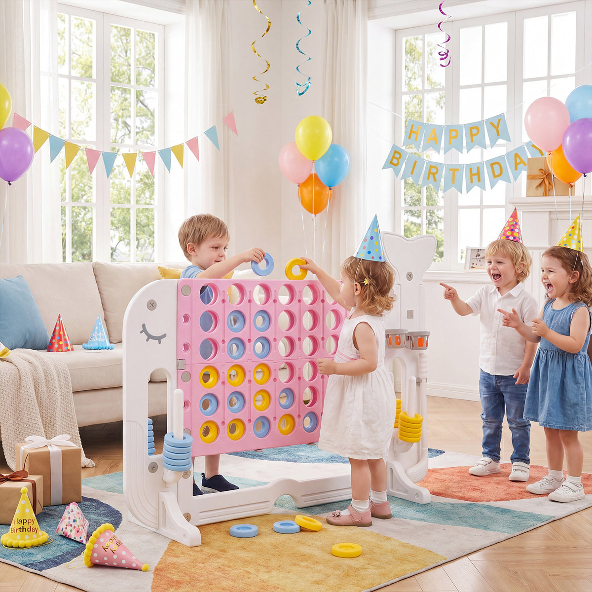 The lawn games set at a birthday party with children playing indoors on a colourful rug