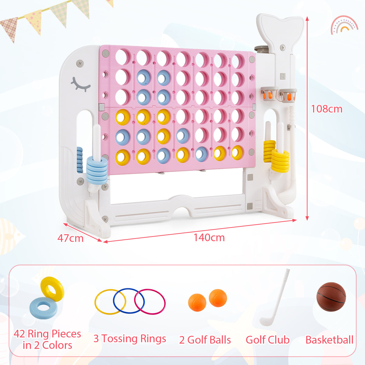 The lawn games set showing dimensions and all the included accessories laid out below