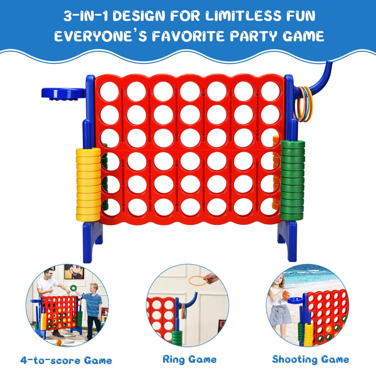 The lawn game shown with three circular insets demonstrating different ways to play