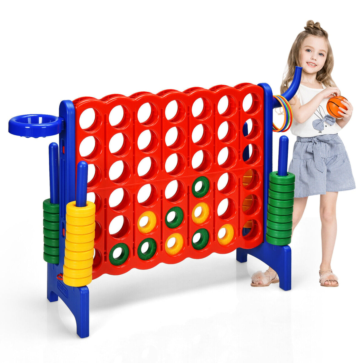 Giant Connect 4 Game Jumbo with 42 Rings stands beside a young girl holding a small basketball