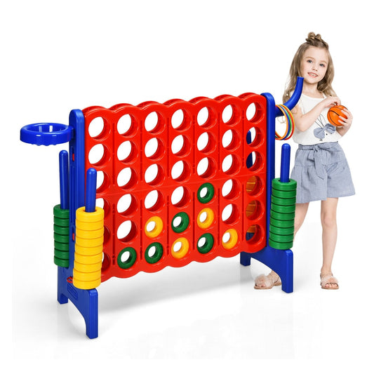 Giant Connect 4 Game Jumbo with 42 Rings stands beside a young girl holding a small basketball