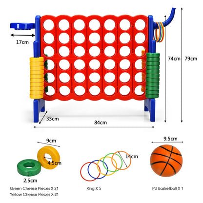 The lawn game with labels showing dimensions and individual pieces including rings and a ball